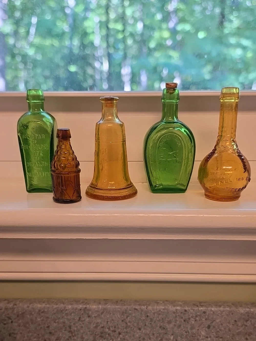 Vintage Green and Amber Miniature Decorative Glass Bottles - Home Accents
